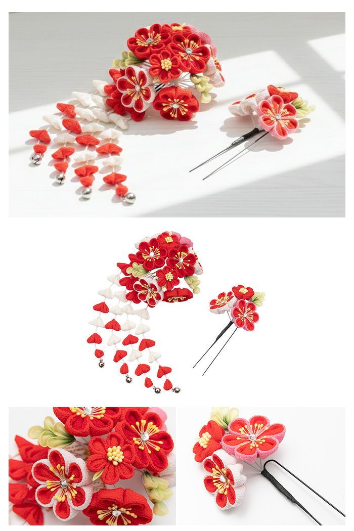 髪飾り つまみ 7W) 髪飾り 成人式 つまみ細工 セット 5colors 振袖 花