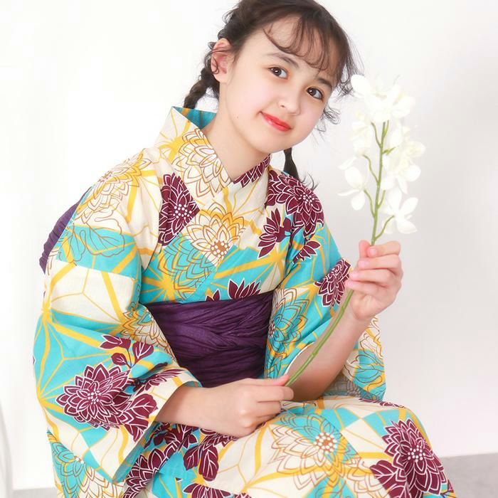 レトロ 浴衣 セット 140cm 女の子 作り帯 黄色 髪飾り 巾着 赤