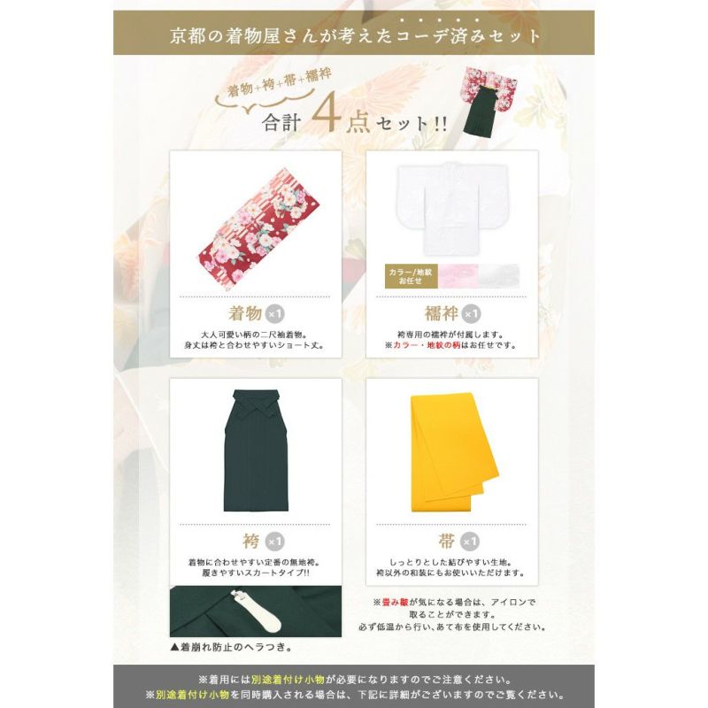 袴4点セット 華やかB) 袴セット 卒業式 袴 セット 女性 20colors はかま 振袖 レトロモダン 着物 小学生 二尺袖着物  レディース(rg) | 和装ファッション・着物の通販・卒業袴はきものKYOETSUで！｜きものKYOETSU【公式】