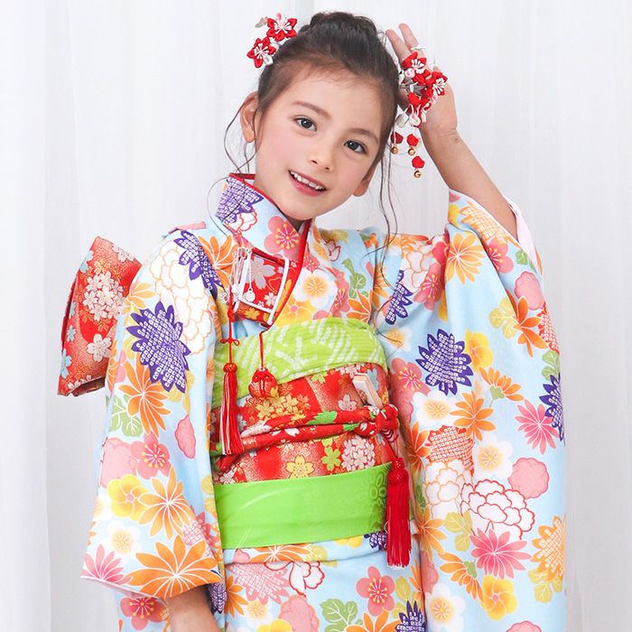 七五三、ひな祭りなどに オレンジ系着物、襦袢セット （t2231204 