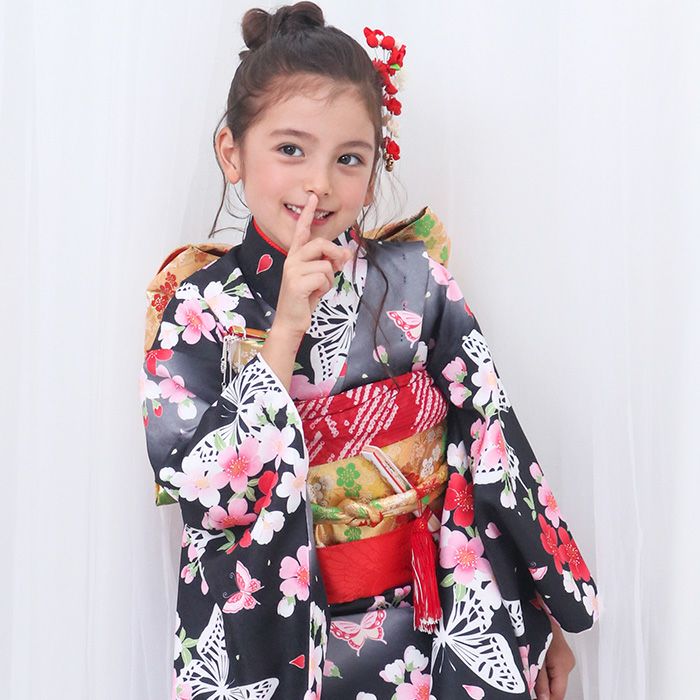 赤×黒 花 蝶 七五三 7歳 13点フルセット （七五三 着物 7歳 フルセット 