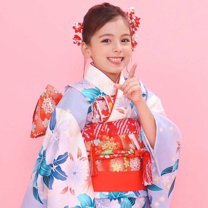 七五三 七歳 女児 着物と長襦袢の2点セット 合繊 くすみパープル 陽気な