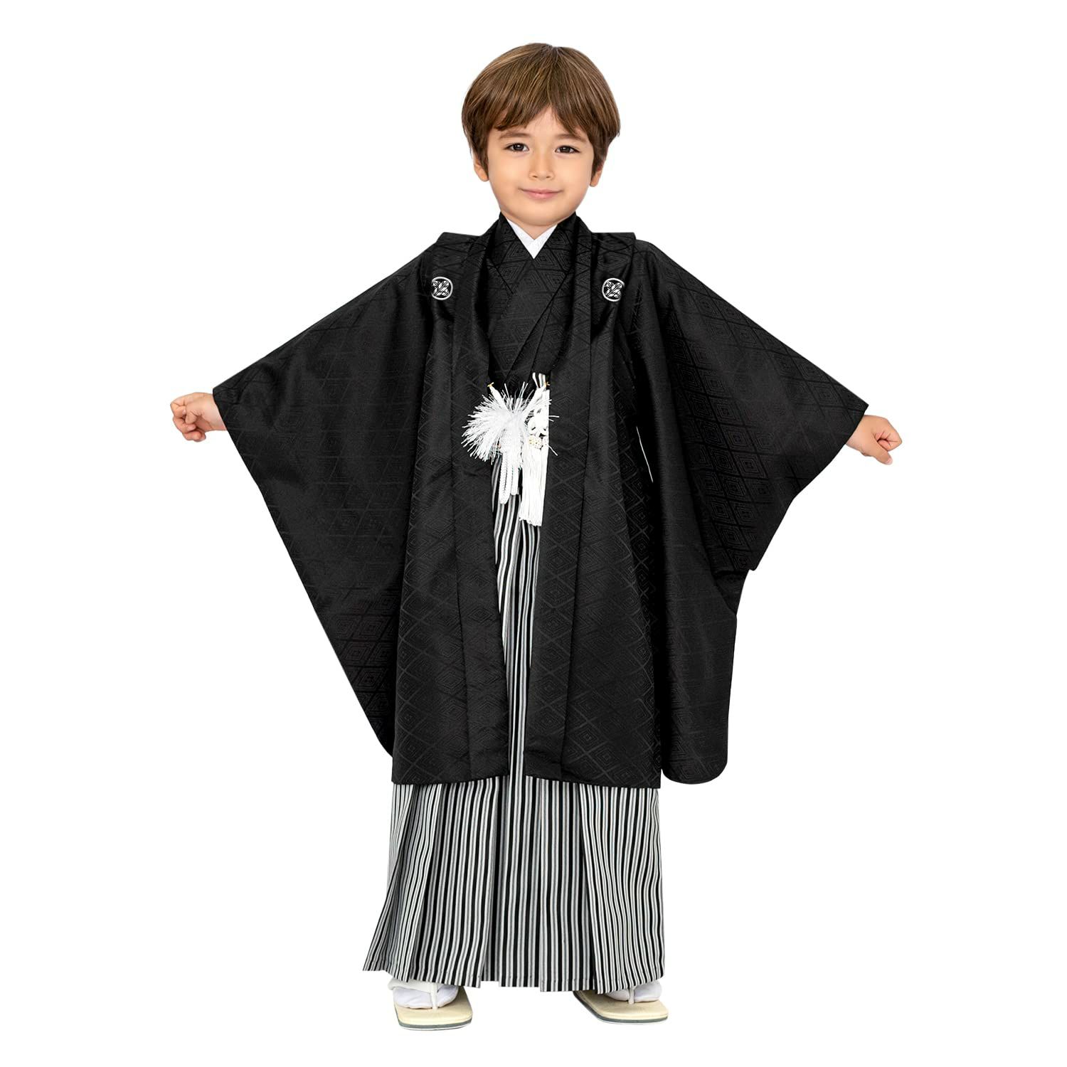 七五三 5歳男の子着物 黒 鷹 キラキラ家紋 打ち出の小槌 松 新品 D 