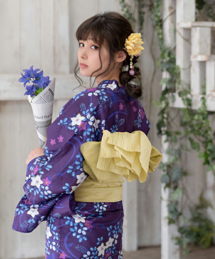 浴衣 紫系紺地に花模様 変わり織り 着物にも! （浴衣 紫系紺地に